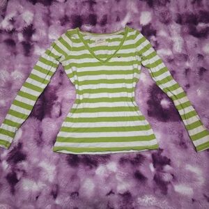 Hollister Lime and White Striped Long Sleeve Top